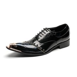 Zapatos Italian Black Metal Pointed Toe Wedding Party Dress Shoes Plus Size Men Business Oxford Shoes Male Real Leather Brogues