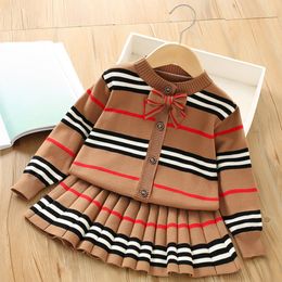 Baby Clothing Sets Cardigan Winter Girl Striped Sweater Set 2023 Girls Toddler Fashion Bow Knitwear Kids Long Sleeve Thick Clothes 230922