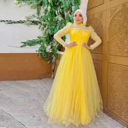 Yellow Muslim Prom Dresses with Pearls Illusion Long Sleeve Formal Gown Puffy Kaftan Vestidos De Fiesta