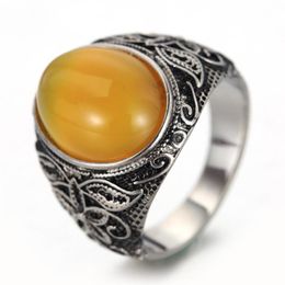 Stainless Steel Ring Vintage Filigree Pattern Oval Yellow Stone for Men Women #7 - #12 with Velvet Bag158S