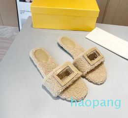 Winter womens warm slipper flats fur slip-on sheepskin slides Indoor comfort mules loafers Shearling luxury designer with box