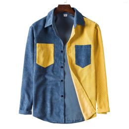 Men's Casual Shirts 2023 Fashion Men Corduroy Contrast Panel Long Sleeve Colorblock Chest Pocket Button Up Shirt Cardigan Tops