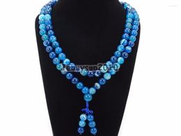 Strand Natural Blue Stripe 10mm Gems Stone Buddhist 108 Bead Prayer Mala Long Necklace Multi-Purpose Bracelet 5Strands/Pack