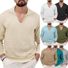 Men's Sweaters Selling American Style Retro Small Square V-neck Pullover With Lapel Top For Autumn Solid Color Casual Long Sleeves