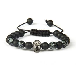 Whole 10pcs lot 8mm Quality Matte Agate And Obsidian Stone With Clear Cz Black Skull Macrame Bracelet For Men301r
