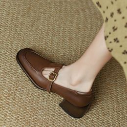 Dress Shoes British Style Leather for Women Autumn Fashion Retro Brown Square Head Belt Buckle Chunky Heel Zapatos Mujer Tacon 230925