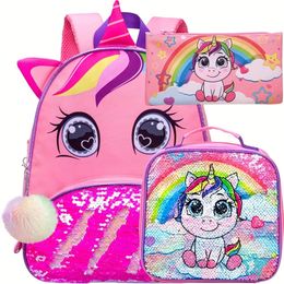 Backpacks 3PCS Unicorn Backpack for Girls 12" Little Kids Sequin Preschool School Bookbag and Lunch Box Pink Green 230925
