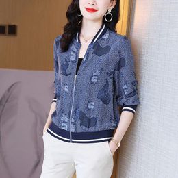 Women's Jackets 2023 Spring And Summer Commuting Minimalist Printed Imitation Silk Casual Loose Fitting Fashion Sports Denim Baseball Jersey