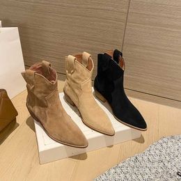 Winter Classic Chelsea Boots for Woman Cow Suede Pointy Toe Wedge Heel Ankle Simple Comfortable Cowboy Female 230922