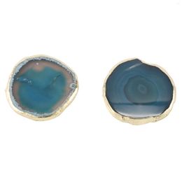 Table Mats 2Pcs Slice Blue Teacup Tray Decorative Design Stone Gold Edges Home Decor Gemstone