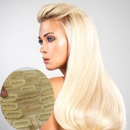 Brazilian Human Hair Clip In Hair Extensions Straight 613# Blonde Color 8 Pieces/set 12-24inch Peruvian Virgin Hair Products