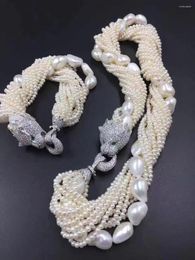 Chains 8 Rows White Freshwater Pearl Near Round 3-5mm Necklace 19inch Bracelet Leopard Clasp Wholesale Nature Beads FPPJ