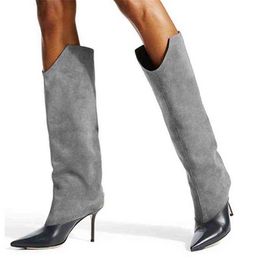 HBP Boot Brand Designer Snake Microfiber Gray Patchwork Sexy Pointy Toe Knee High Women Elegant Party Shoe Autumn Winter Warm 220805