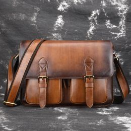 Briefcases Fashion Cowhide Genuine Leather Men's Shoulder Bag Business Vintage Male Large Capacity Messenger Crossbody Briefcase Brown M543
