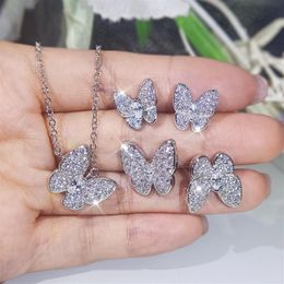 Charming Women Jewellery Set High Quality White Gold Plated CZ Butterfly Earrings Ring Necklace Set for Girls Women Nice Gift223d