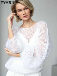 Women's Sweaters TYHRU Women's Knitted Sweaters Lady Hollow out Mesh Thin Pullover See Through Look Lantern Sleeve Loose Tops Smock L230925