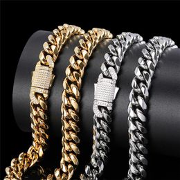 Hip Hop Jewellery 10MM Titanium Steel Miami Cuban Link Chain Necklace Iced Out Zircon Diamond Spring Buckle Head Stainless Steel Cub289G
