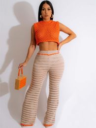 Women's Two Piece Pants Knit Crochet Tracksuits Women 2 Set Outfits 2023 Summer Clothing Sleeveless Crop Top And Suits INS Matching Sets