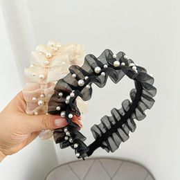 Hair Clips Wave Mesh Fabric Pleated Headband Pearl Embellished High-Grade Versatile Accessories Tie Face Wash Band Women