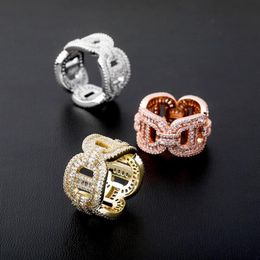 Hiphop Mens Diamond Rings Iced Out Bling Cubic Zirconia Jewelry 18K Gold Plated Cuba Chain Ring Brand Design Hip Hop Jewellery301N