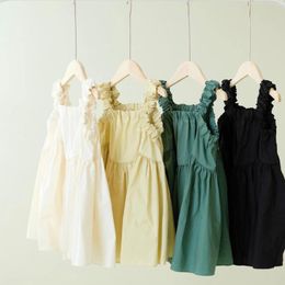 Girl Dresses Girls' Dress 2023 Summer Pure Cotton Sleeveless Elastic Belt Square Neck Long A-line Skirt Loose Knee Length