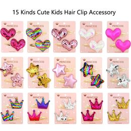 Cartoon Sequin Hair Clip Kids Hair Accessory Star Crown Heart Flower Hairpins Kids Sweet Hairpin Barrettes Ornament Fashion Hairs Accessories 2721