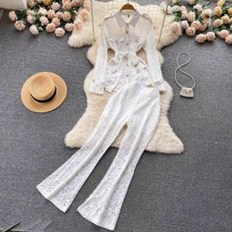 Women's Two Piece Pants Women Flowers Lace Hollow Blazers Coat Hooked Suits Cardigan Metal Buckles Tops With Up Waistband Long Flare 2pcs