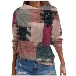 Women's Hoodies Women Block Print Tops Autumn Fashion Cross Neck Button Loose Sweatshirt Female Long Sleeve Pullovers Clothing