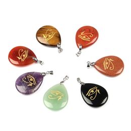 Natural Stone Drop Shaped Aura Pendant Necklace Engraved Egyptian Sun God Eye Of Horus Reiki Symbol Hang Accessorie Amethyst Rose 2618