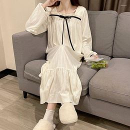 Women's Sleepwear White Night Dress Women Korean Style Ruffles Pajamas Long Sleeve Solid Wears Bow Cute Nightgown For Sleep Ladies