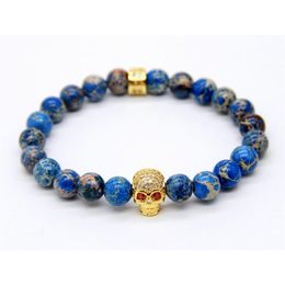 1PCS Retail Mens Jewellery 8mm Natural Stone Beads with Micro Inlay Zircon Skull Bracelets318V