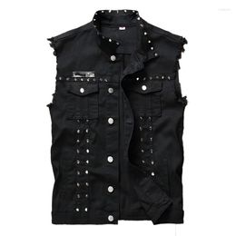 Men's Vests Fashion Mens Rivet Denim Vest Punk Party Studded Slim Fit Jean Jacket Male Sleeveless Waistcoat For Men Plus Size