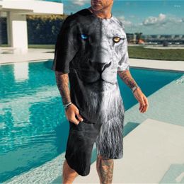 Men's Tracksuits Oversized Summer Set Short Sleeve T-Shirt Sportswear Suit White Black Crew Neck Lion 3D Print Fashion Running Jogging