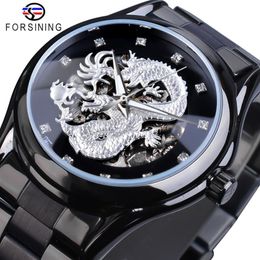 Forsining Silver Dragon Skeleton Automatic Mechanical Watches Crystal Stainless Steel Strap Wrist Watch Men's Clock Waterproo239y