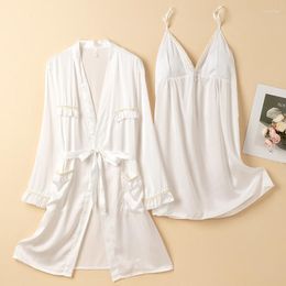 Women's Sleepwear Bride Robe Nightdress Set Spring Summer Women Kimono Bathrobe Gown Suit Sexy Lace Lingerie Silky Satin Loungewear