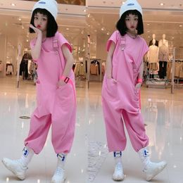 Clothing Sets Girls T-shirt Jumpsuits 2pcs Summer Kids Tracksuit Loose Pink Overalls Children Teenage Outfit 4-16Y WZ136