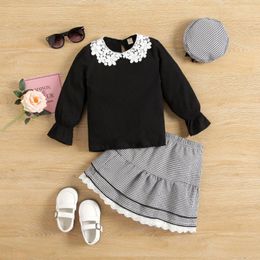 Clothing Sets Flare Sleeve Baby Girl Clothes Knitted Tops Flower Lace Pullovers Plaid Skirts Set Princess Kids Suits Outfit