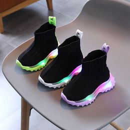 Boots Kids Sneakers Children Baby Girls Boys Mesh LED Luminous Socks Sport Run Sneakers Shoes Sapato Infantil Light Up Shoes E07243 230925