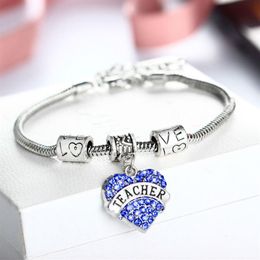Whole- Heart Blue Crystal Teacher Gifts Bracelets Charm Bangle Bracelet Teacher's Day Souvenirs244x