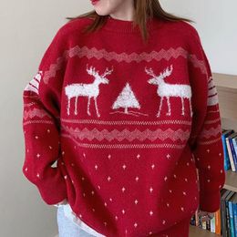Women's Sweaters Autumn Winter Christmas Print Women Knitted Sweater Loose Round Neck Long Sleeve Elk Festive Xmas Jumper For Gift