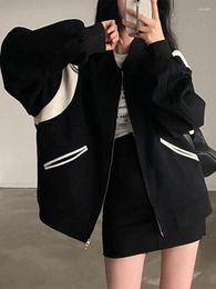 Women's Jackets Oversized Bomber Jacket Women Vintage Zipper Black Patchwork Baseball Coat Female Korean Fashion Autumn Casual Loose