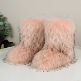 Women's warm snow boots, winter fur boots, high top, medium tube imitation raccoon fur snow boots, plush snow boots 230925