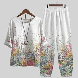 Summer Casual Two Piece Set Women Elegant O Neck Flower Print Loose T Shirt High Waist Pants Suit Female Outfits