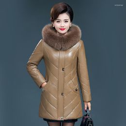 Women's Leather L-7XL Women Split Coat Winter 2024 Fashion Thick Warm Faux Fur Collar Hooded Sheepskin Jacket Tops Outerwear Female