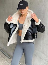 Women's Leather Warm Women Short Faux Fleece Jackets 2023 Winter Fashion Ladies Thick Streetwear Coats Vintage Female Chic Outerwear