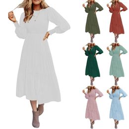 Casual Dresses Ladies Round Neck Long Sleeve Solid Color Maxi Dress Pleated Layered Swing Sundresses Denim For Women