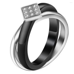 Wedding Rings Classic Black White Color Double Circle Ring Ceramic Stainless Steel Crystal For Women Lady Fashion Jewelry Gifts