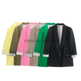 Women's Suits Blazers 2023 Women Fashion Print Cuff Linen Blazer Coat Vintage Long Sleeve Welt Pockets Female Outerwear Chic J230925