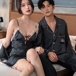 Women's Sleepwear Black Satin Lace Pyjamas Couple Set Button-down Pyjamas Suit Pijama Women Men Robe and Gown Loungewear