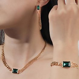 Necklace Earrings Set Gold Plated Vintage Fashion Square Women Green Zirconia Chain Collar Metal Crystal Stone Bracelet Earring
